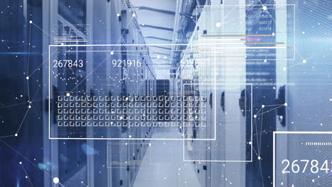 animación de la interfaz con el procesamiento de datos y la red de conexiones contra la sala de servidores de computadoras