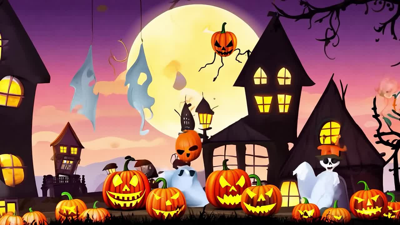 una ciudad espeluznante de halloween con fantasmas y linternas.