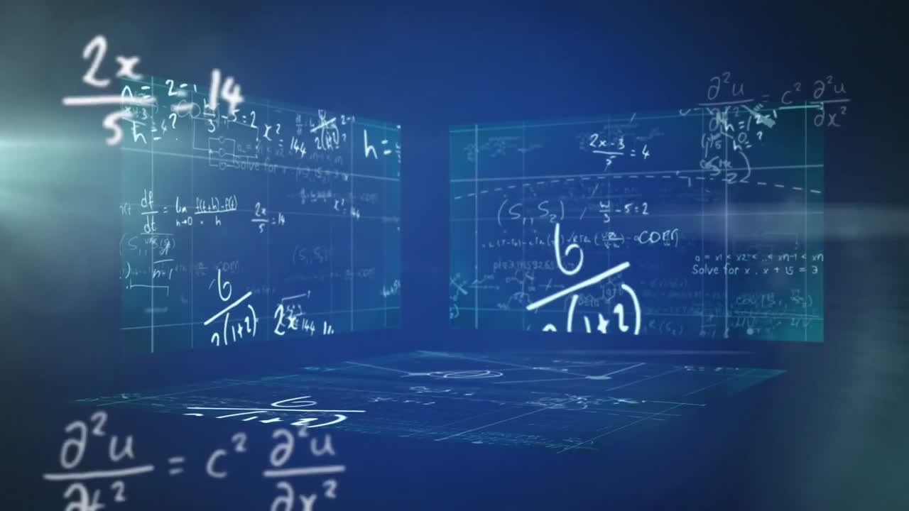 Animation of mathematical equations over blue background