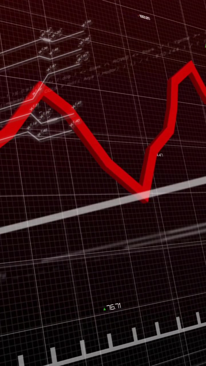 Animation of financial data processing over dark background