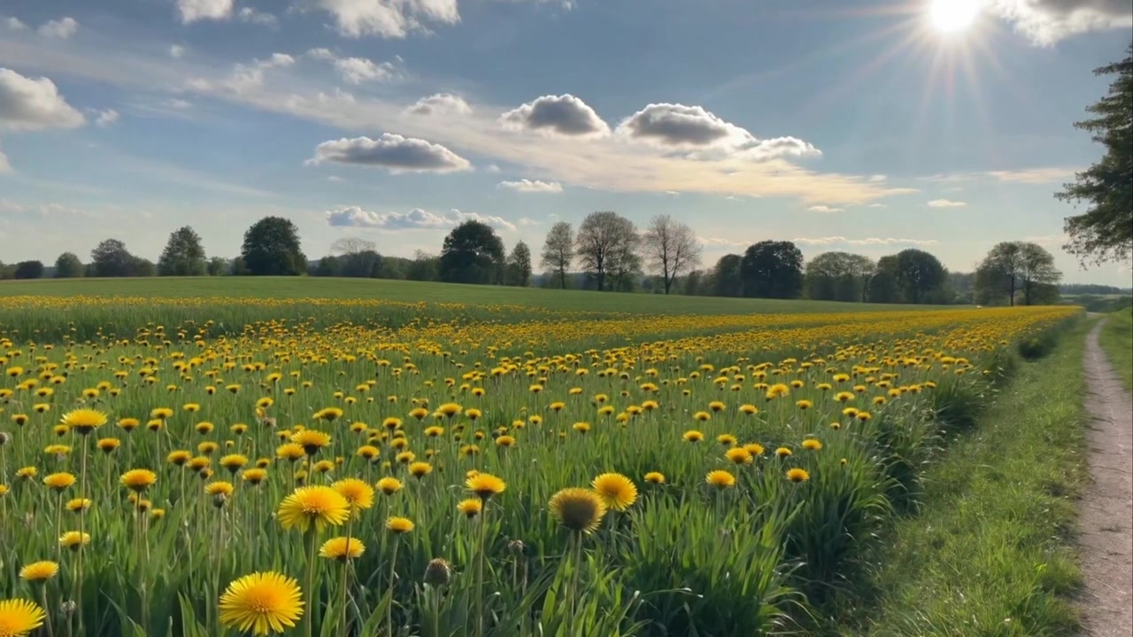 Mælkebøttemark med sol og skyer i bevægelse.
