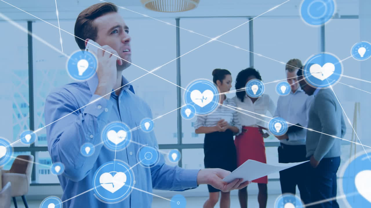 In office, businessman on phone with digital network animation over colleagues