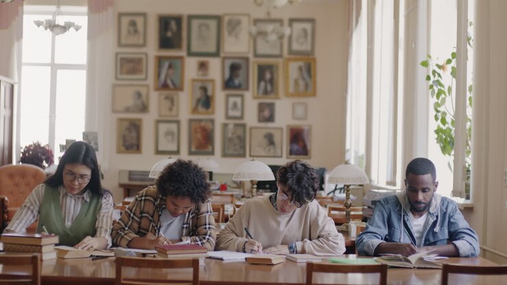 Studenti che studiano in una biblioteca