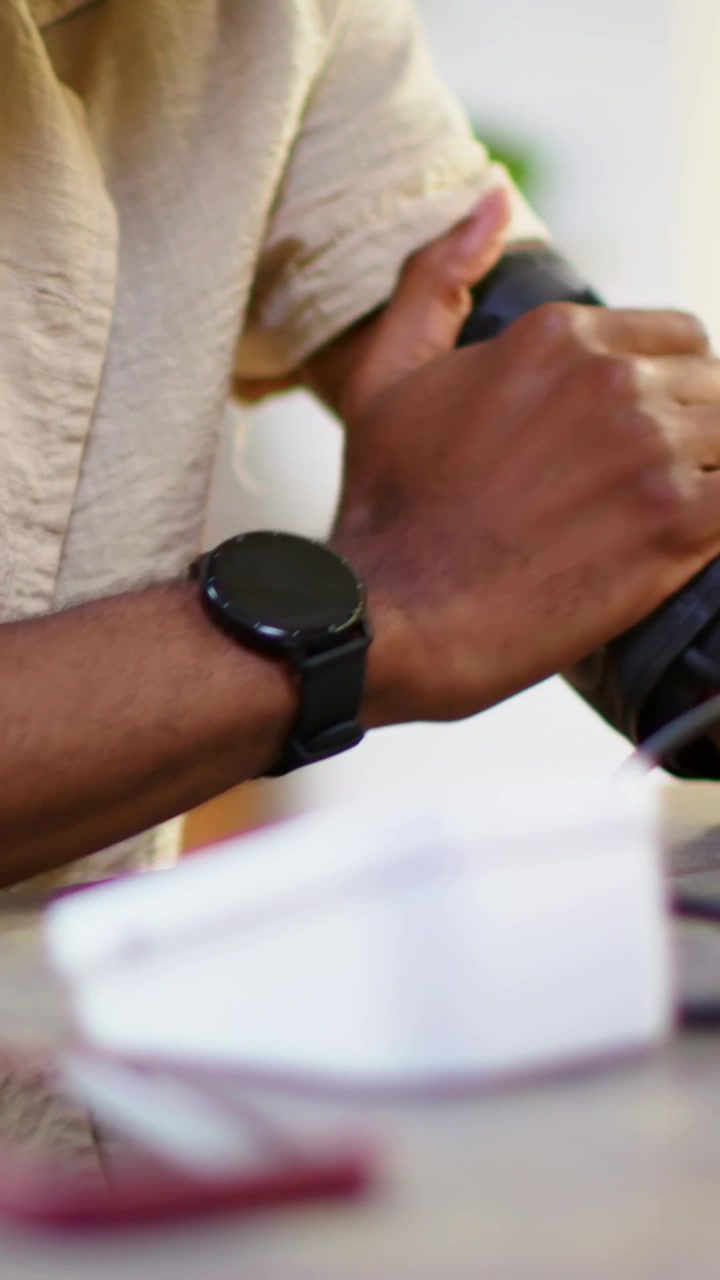 Vertical video: Placing man in tan shirt fitting cuff on arm at table pressing monitor for health