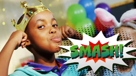 smash text on speech bubble against boy wearing crown holding his ears