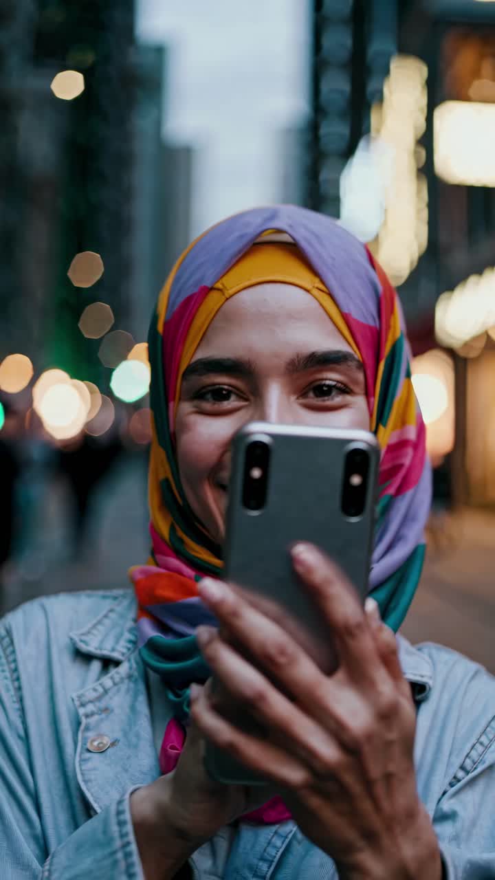Vibrant street video concept with a close-up angle. A joyful person in colorful attire holds