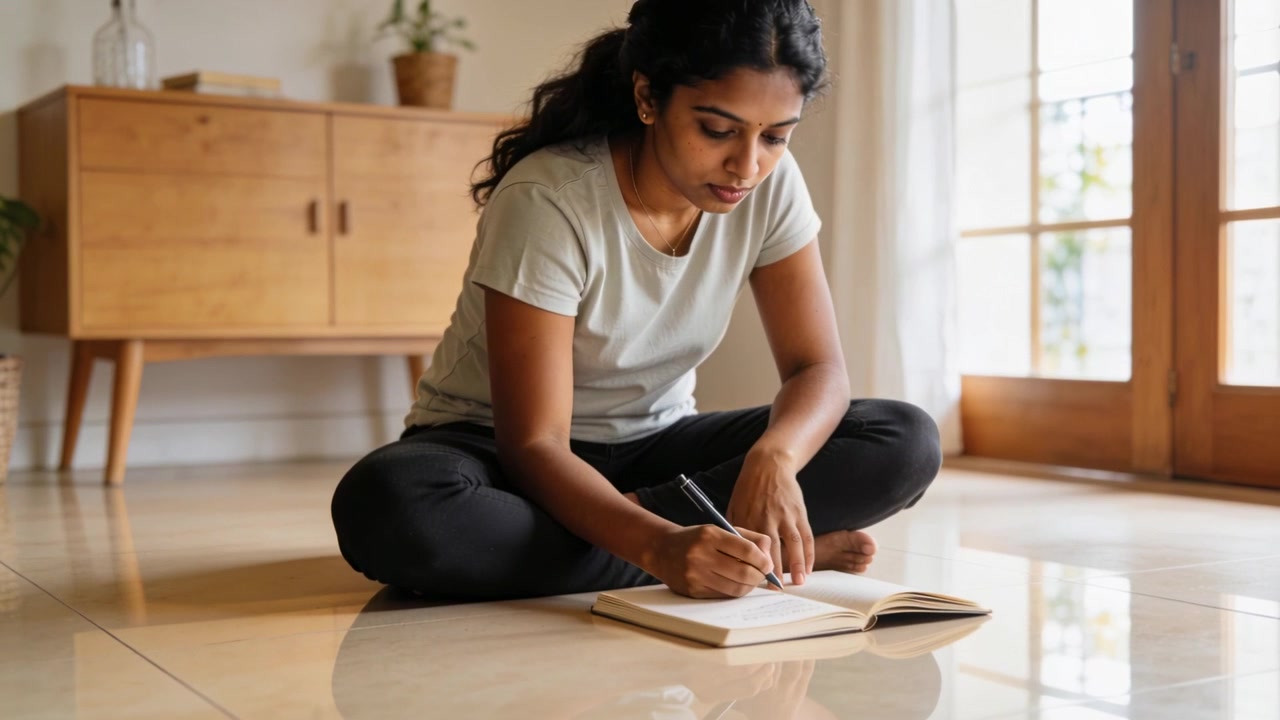 Donna indiana che studia e scrive su un quaderno per terra vicino a una porta a vetri, con maglietta grigia e leggings neri.