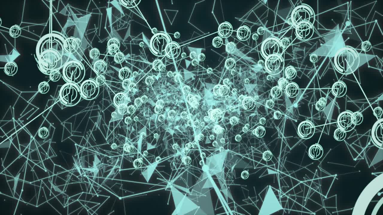 검은색 배경에 아이콘이 있는 녹색 연결 네트워크의 애니메이션