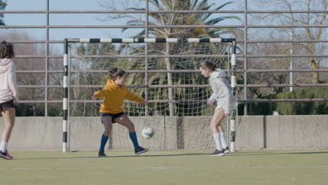 athletic girls playing soccer at open air pitch and score