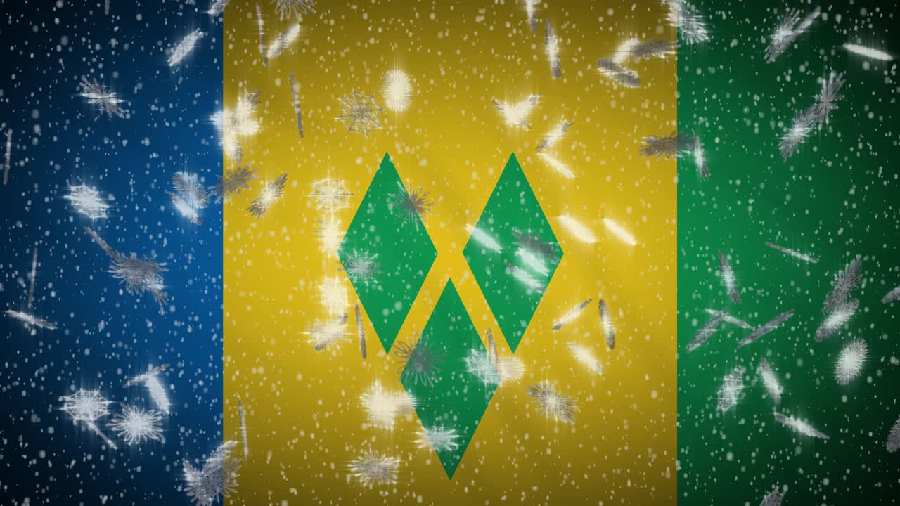 Saint Vincent and the Grenadines flag falling snow loopable, New Year and Christmas background, loop