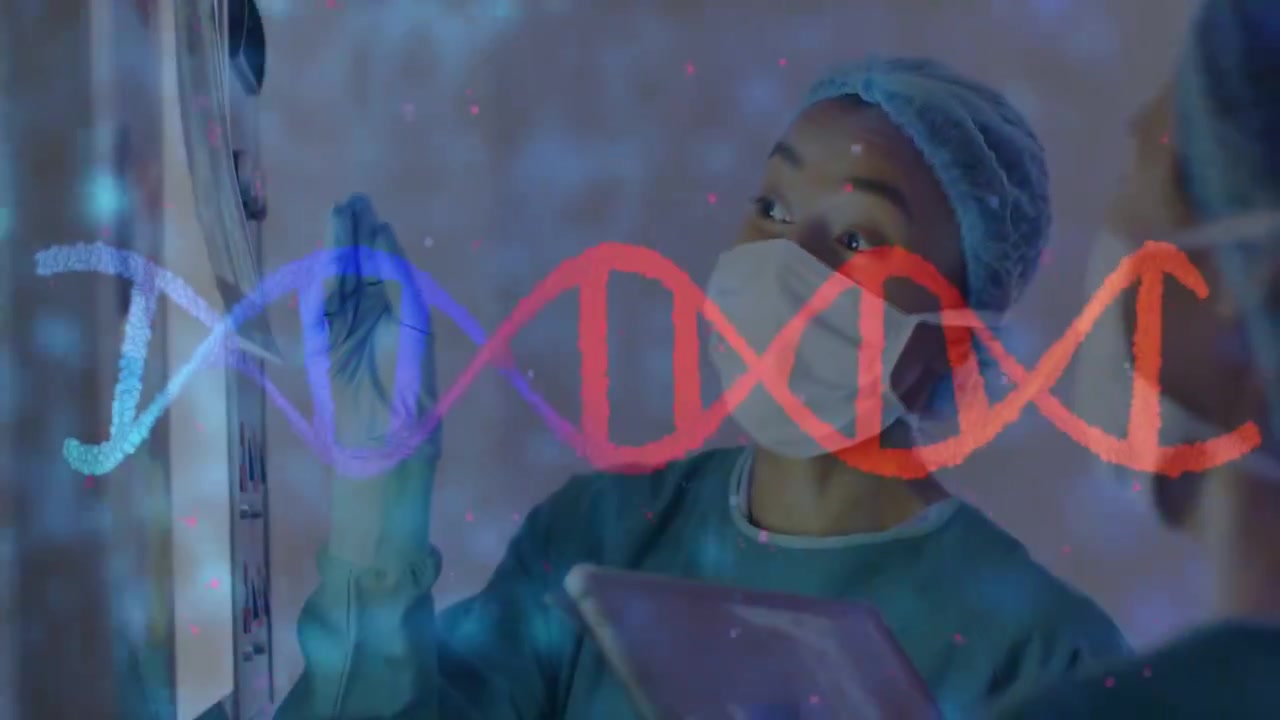 Doc pointing gloved hand at monitor, dots rising into helix, peer reading medical scan on tablet