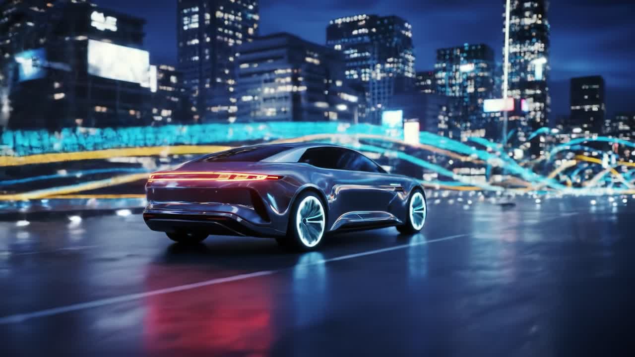 An electric car glides smoothly along a city street at night, surrounded by a dazzling skyline. The illuminated buildings reflect the modern lifestyle and technology of urban living.