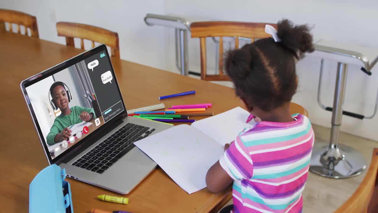 Composite video of girl using laptop with interface showing schoolboy in online lesson with her