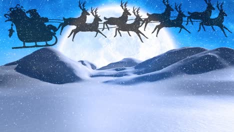 Schnee-Fällt-Auf-Den-Weihnachtsmann-Im-Schlitten,-Der-Von-Rentieren-über-Die-Winterlandschaft-Und-Den-Nachthimmel-Gezogen-Wird