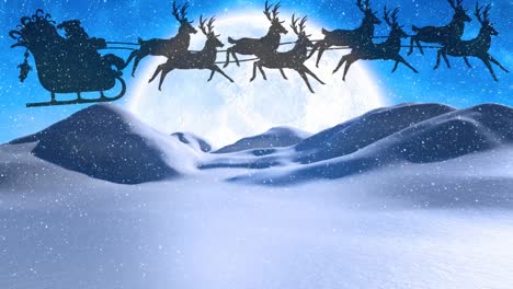 Snow-falling-on-santa-claus-in-sleigh-being-pulled-by-reindeers-over-winter-landscape-and-night-sky