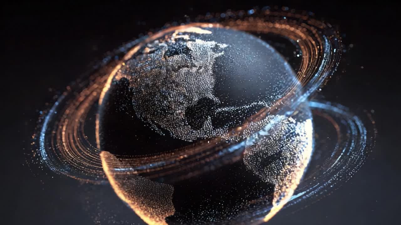 Stylized planet Earth made of glowing particles rotating on a dark background, with blue and orange light trails representing global data streams, technology, and futuristic communication