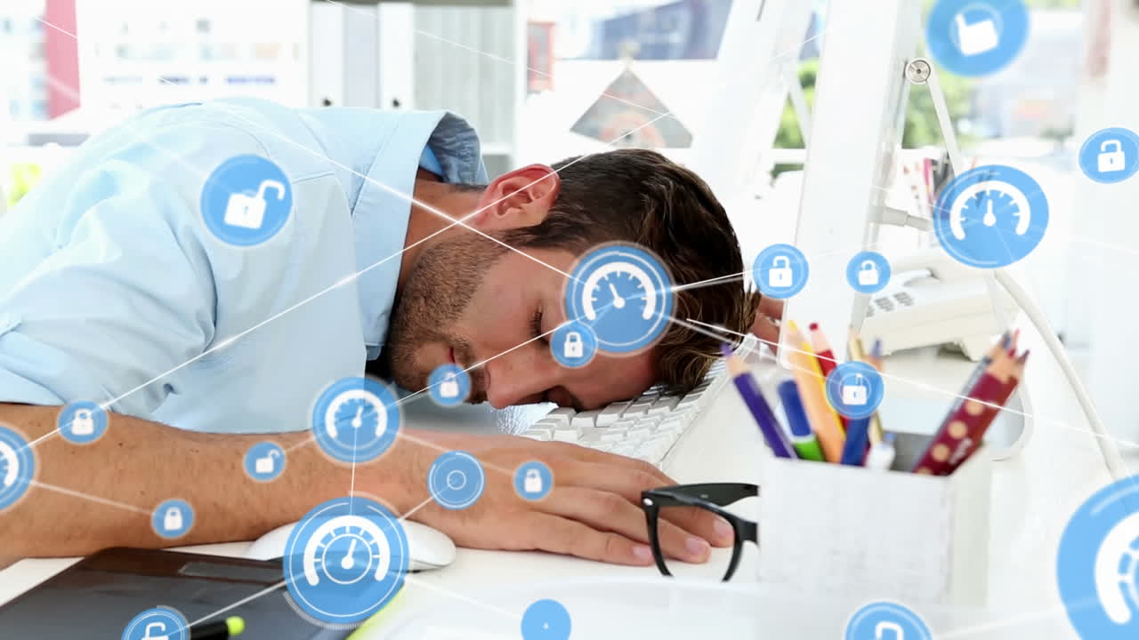 la animación conectó los iconos sobre el hombre caucásico cansado descansando la cabeza en el teclado y frotando el ojo