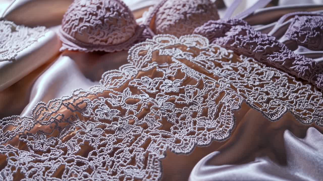 Close-up, top-down angle of delicate lace lingerie on silky fabric, highlighting intricate details