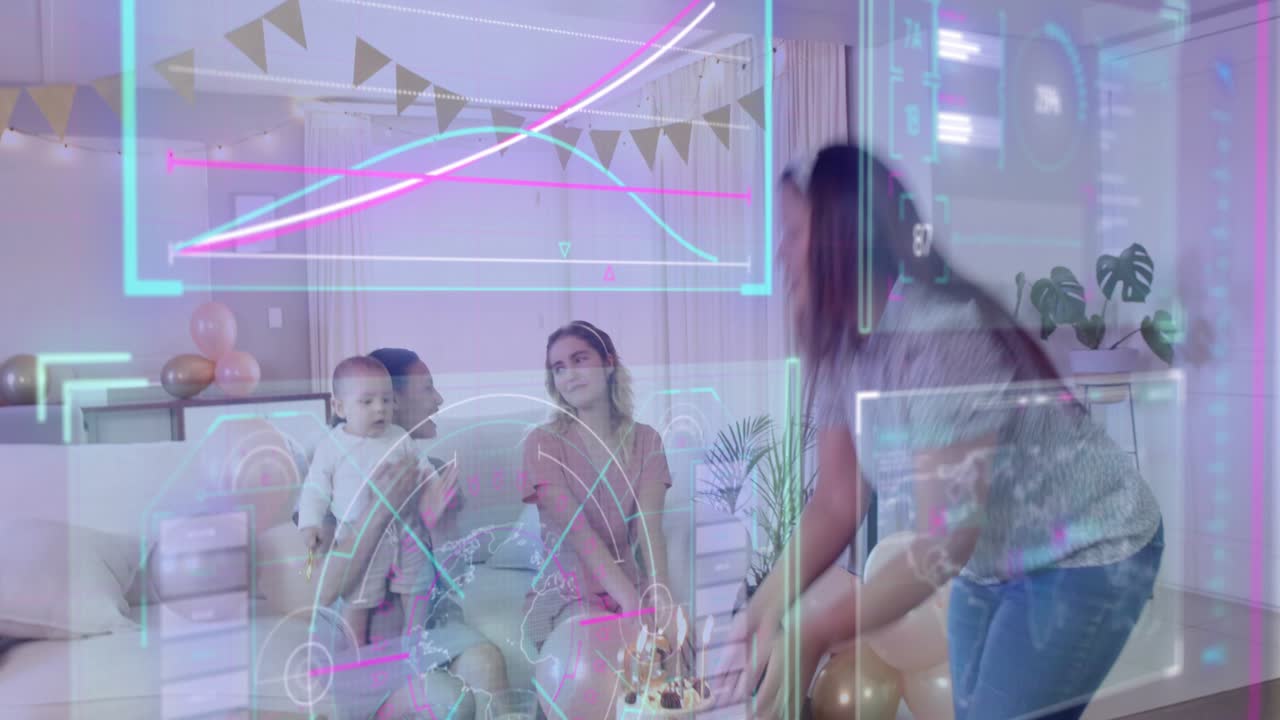 Woman carrying 30 cake walking into living room, placing cake, tech charts HUD tinting birthday