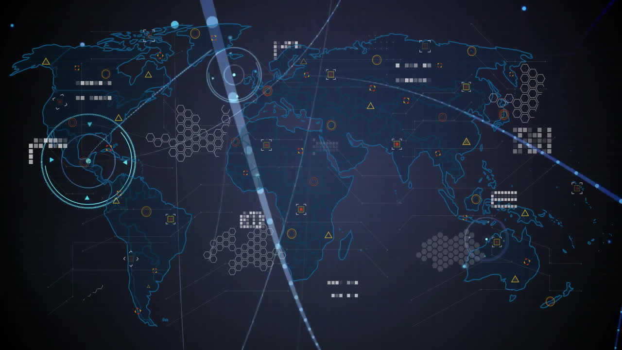 Digital world map with data points and network connections animation