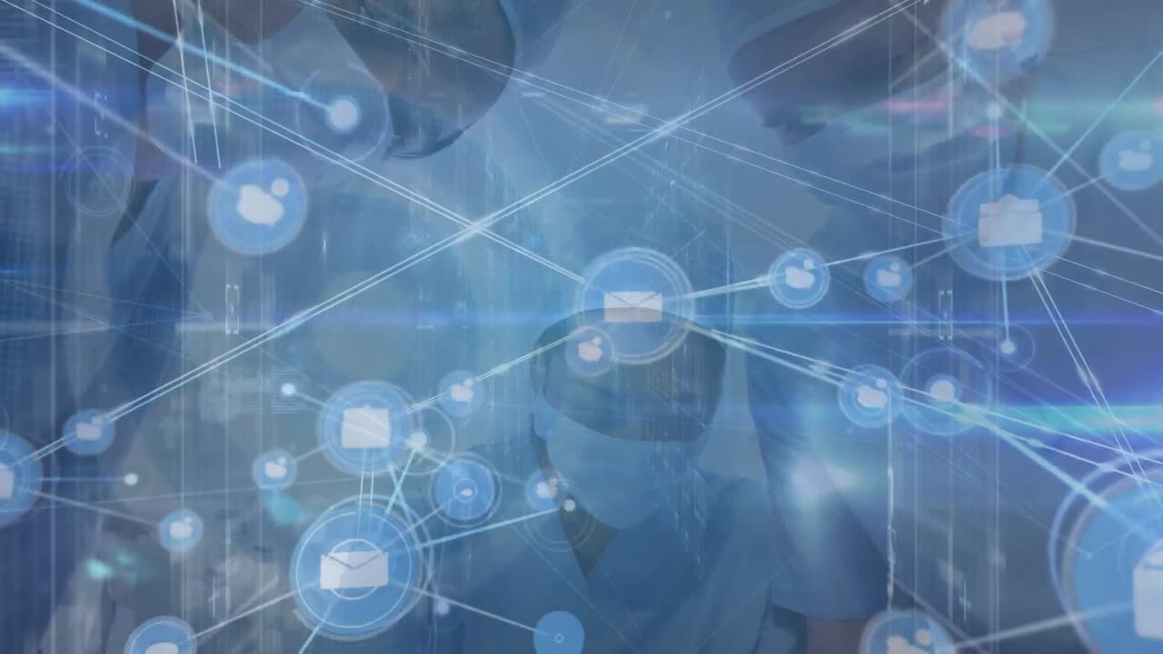 수술 중에 다양한 외과 의사의 팀을 통해 연결 네트워크의 애니메이션