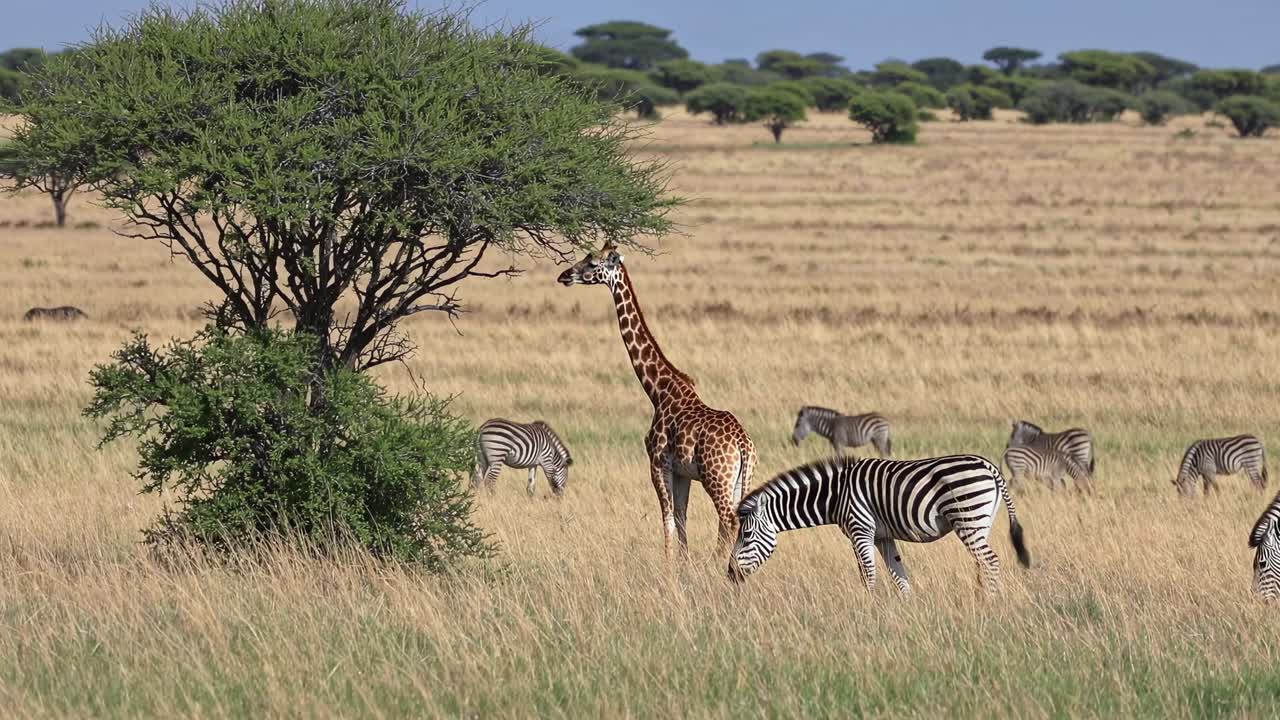 A wide-angle video captures a serene African savanna scene with zebras grazing and a giraffe near