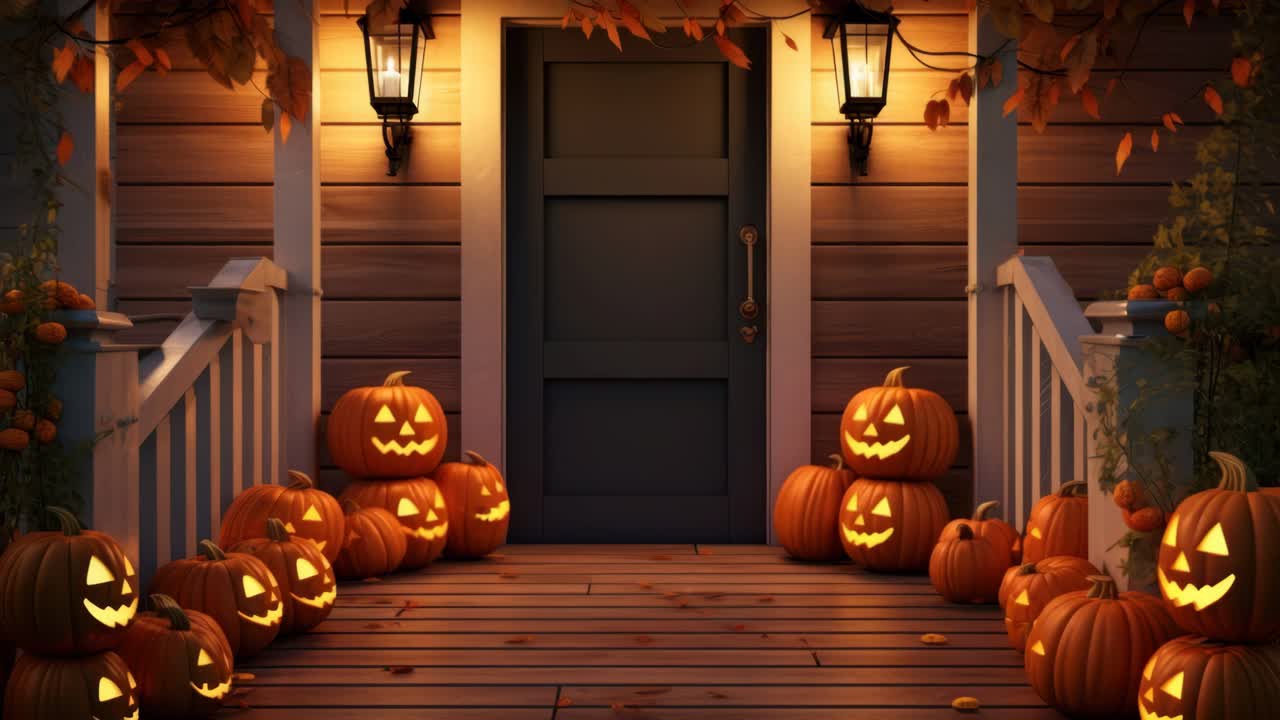Low-angle shot of a porch adorned with glowing jack-o'-lanterns, creating a spooky Halloween