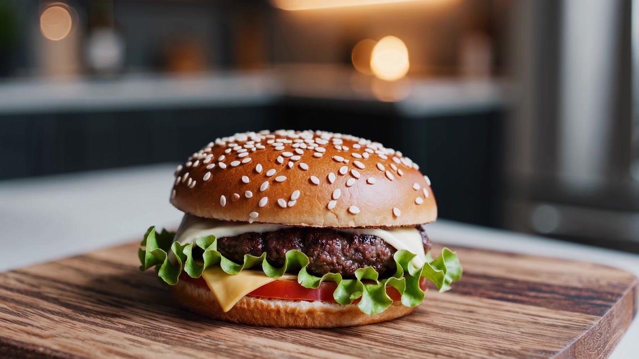 Hånd placerer topbolle på en lækker cheeseburger