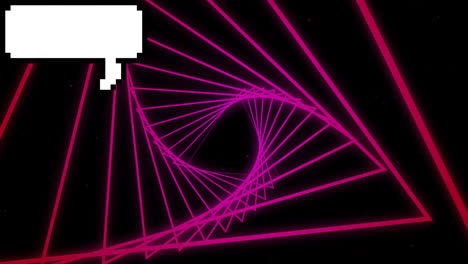 Animation of speech bubble and pink linear shapes rotating on black background