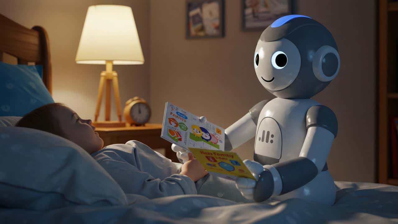 Un robot amichevole che legge una favola della buonanotte a un bambino in una camera da letto accogliente, illuminata da una morbida lampada da tavolo, creando un'atmosfera calda e confortevole per il relax notturno.