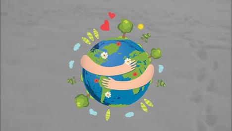 Animation-of-hands-embracing-globe-and-over-grey-background