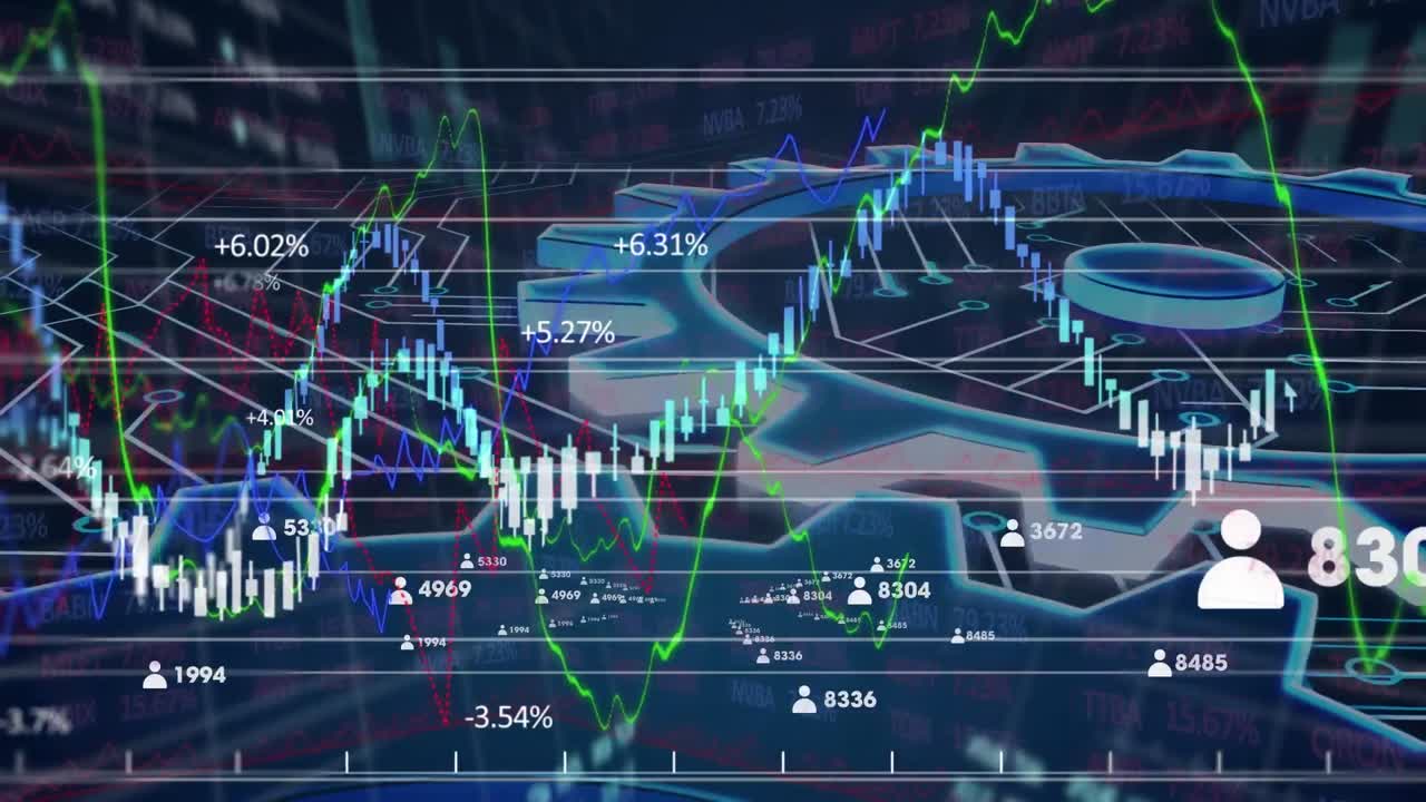 Animation of financial data processing and social media icons with numbers over cogs