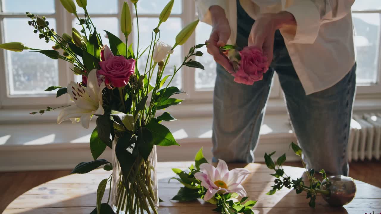 A close-up video captures hands arranging a floral bouquet on a sunlit table, with a soft focus