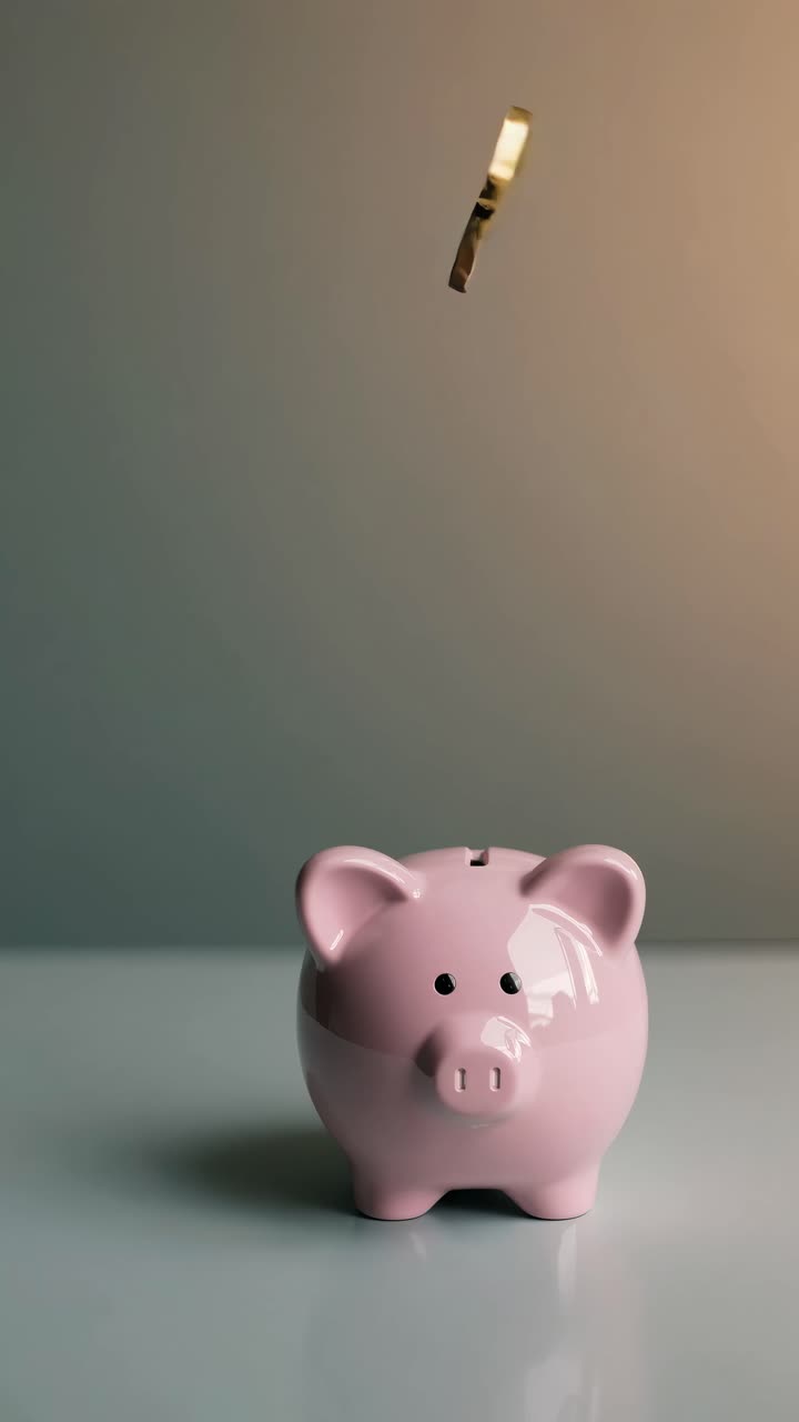 A close-up, eye-level shot of a pink piggy bank with a coin mid-air above it, symbolizing savings