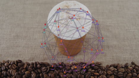 paper coffee cup resting on burlap cloth while animated digital network overlay connecting beans
