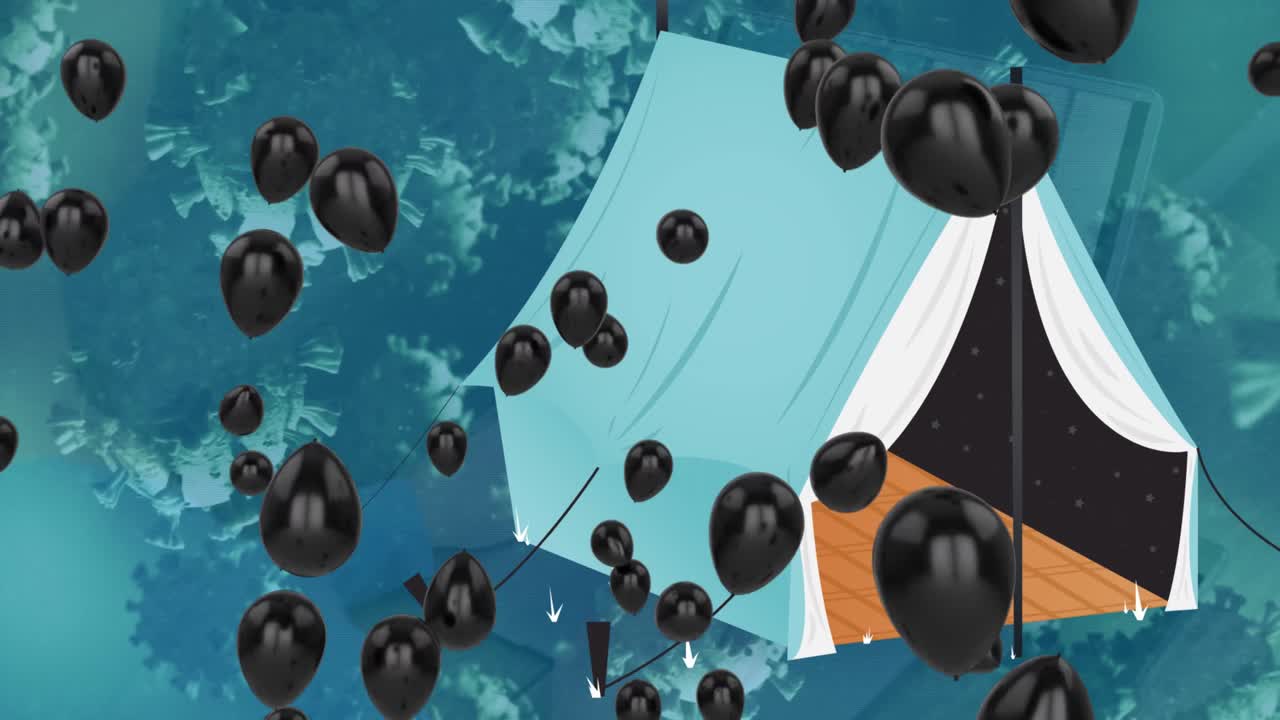 animación de globos y tiendas de campaña sobre células de virus