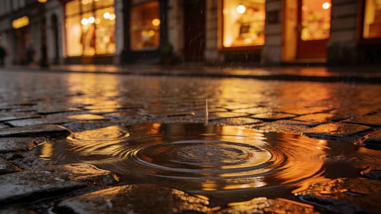 Falling raindrops striking shallow puddle, making ripples on wet cobbles under warm shop glow