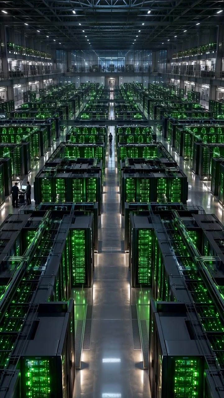 Slow forward movement from an elevated view emphasizes repeating server cabinets and reflective flooring, while green indicator lights contrast with dark metal frames and cool interior illumination.