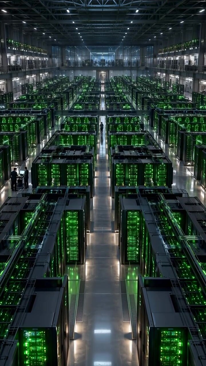 Slow forward movement from an elevated view emphasizes repeating server cabinets and reflective flooring, while green indicator lights contrast with dark metal frames and cool interior illumination.