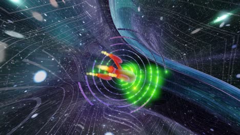 el túnel espacial del agujero de gusano con un lindo cohete retro rojo