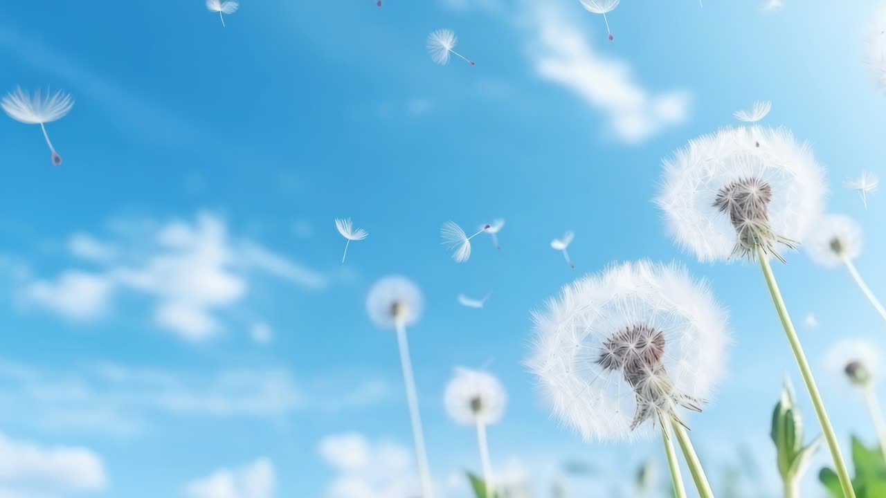 Lavvinkelvideo av løvetann mot en klar, blå himmel, som fanger en fredfull og luftig atmosfære