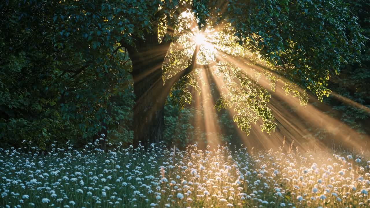 A serene video capturing sunlight streaming through a lush tree, illuminating a field of flowers