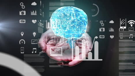 holding digital brain with animation and data icons, hands showcasing technology