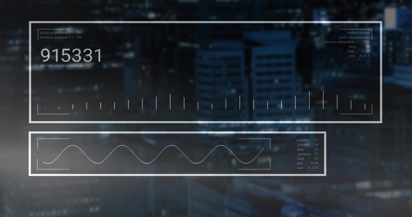 Due pannelli smerigliati che mostrano numeri che appaiono, barre che si spostano, forme d'onda che oscillano, visualizzando dati.