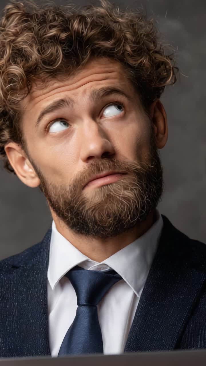 A contemplative man in a formal suit with curly hair and a beard gazes upwards, reflecting deep thoughts or pondering an important question in a modern setting