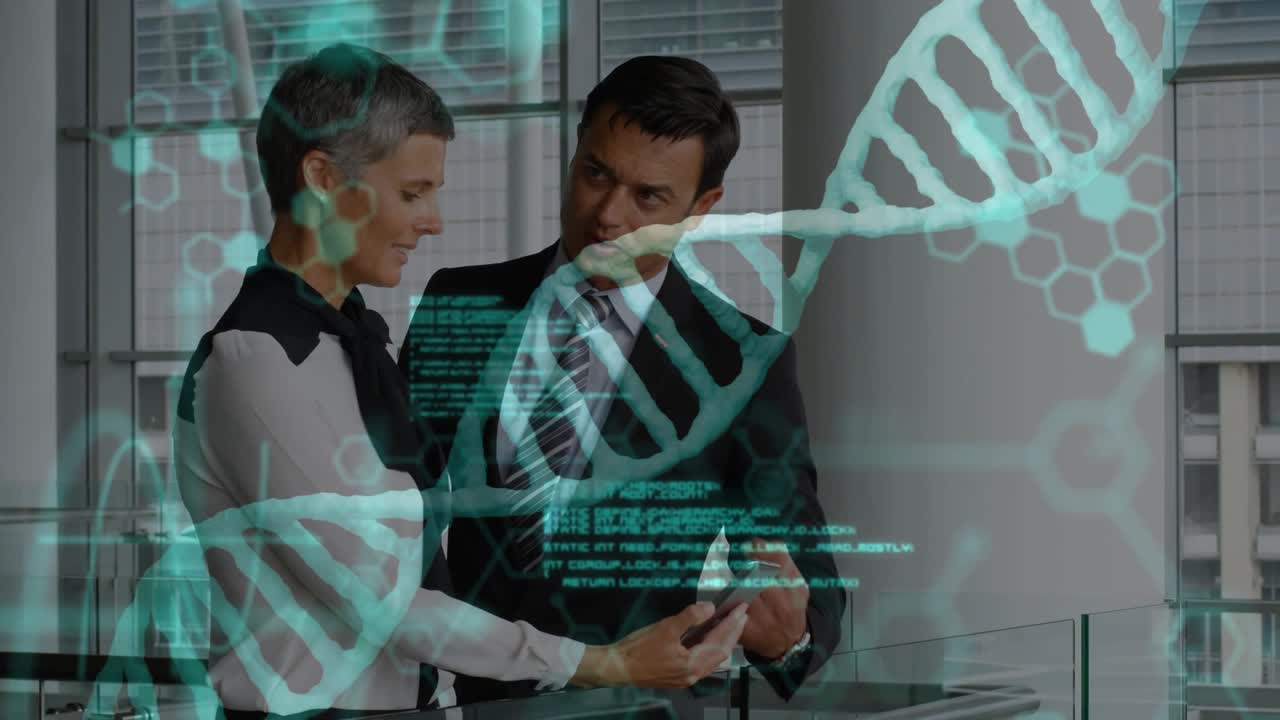 biotech experts analyzing DNA data by swiping smartphone examining holographic helix streaming code