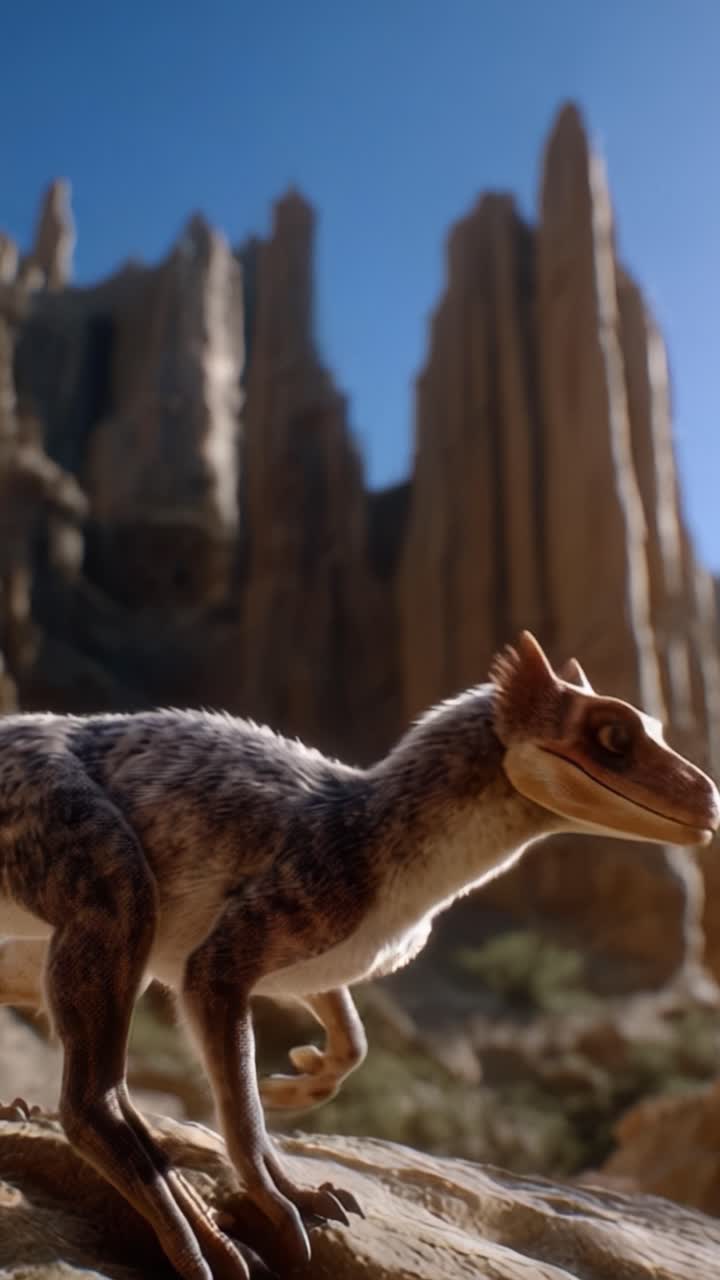 Un piccolo modello di dinosauro naviga su un terreno accidentato con imponenti formazioni rocciose sullo sfondo, mettendo in mostra le caratteristiche dettagliate della creatura e dell'ambiente.