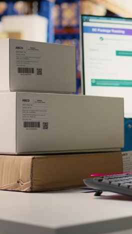 Vertical Video Male depot worker scanning barcodes on packages in a warehouse