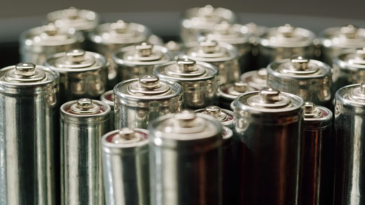 Silver batteries AA and AAA on black background close-up. Double-A battery is a standard size single cell cylindrical dry battery. Batteries are common in portable electronic devices. An AA battery is composed of a single electrochemical cell that may be either a primary battery or a rechargeable ba