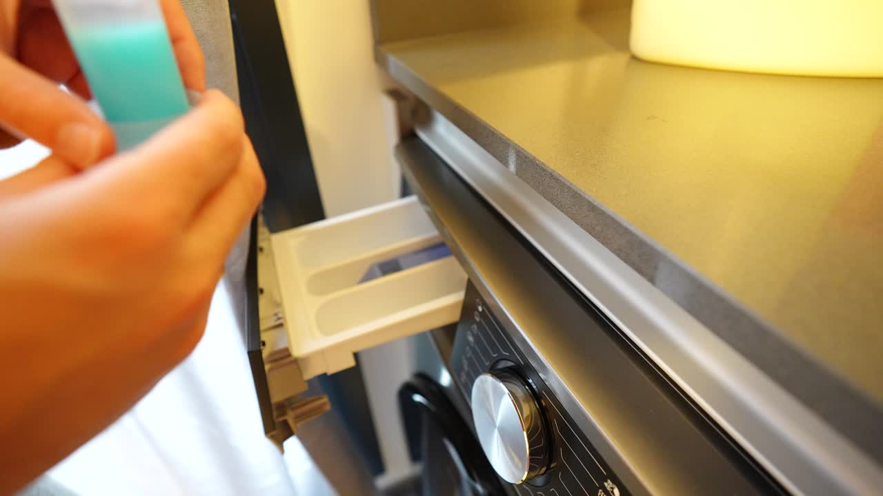 Männerhände öffnen die Waschmittelschublade und das Weichspülerfach der Waschmaschine, um Waschmittel hinzuzufügen und zu Hause Wäsche zu waschen